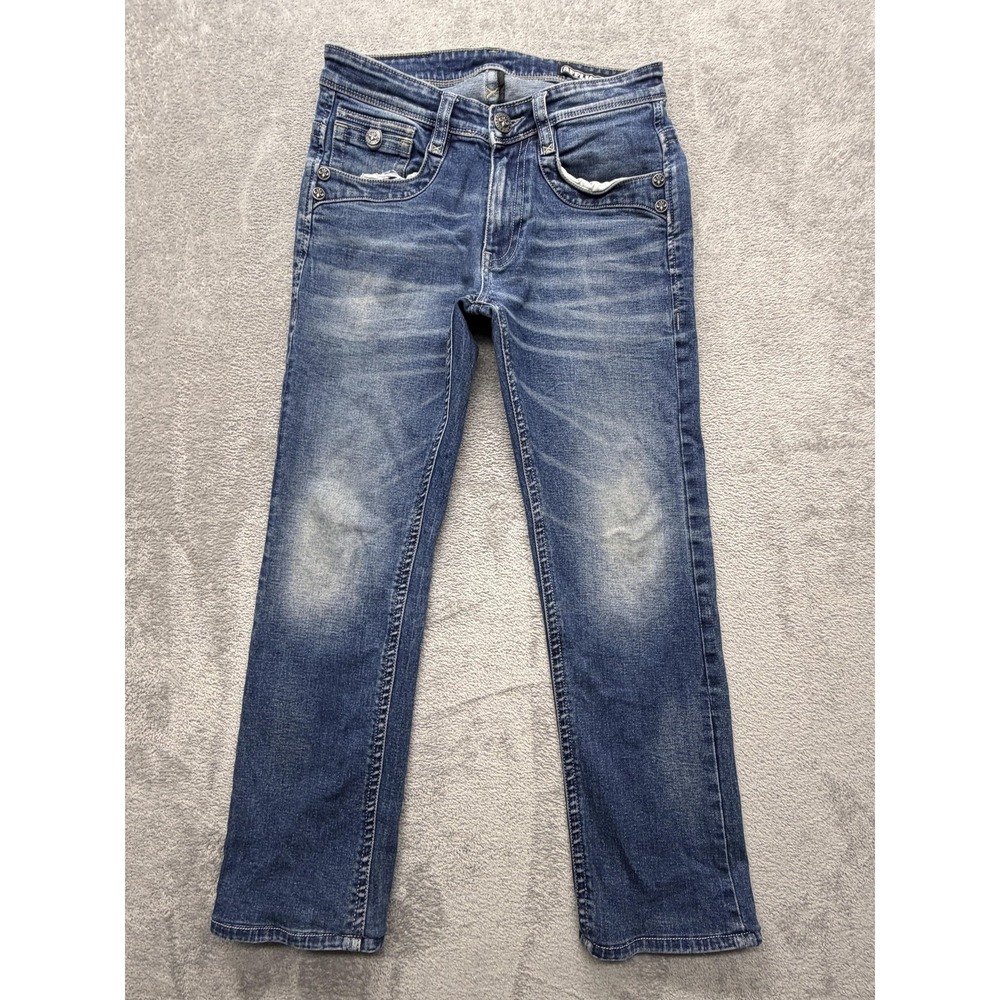 Affliction Jeans Mens Measured 31x28 Blue Slim Straight Distressed Embroidered